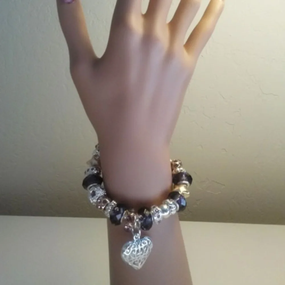 💜Heart Silver, Purple & Yellow Crystal Bracelet - Picture 2 of 3